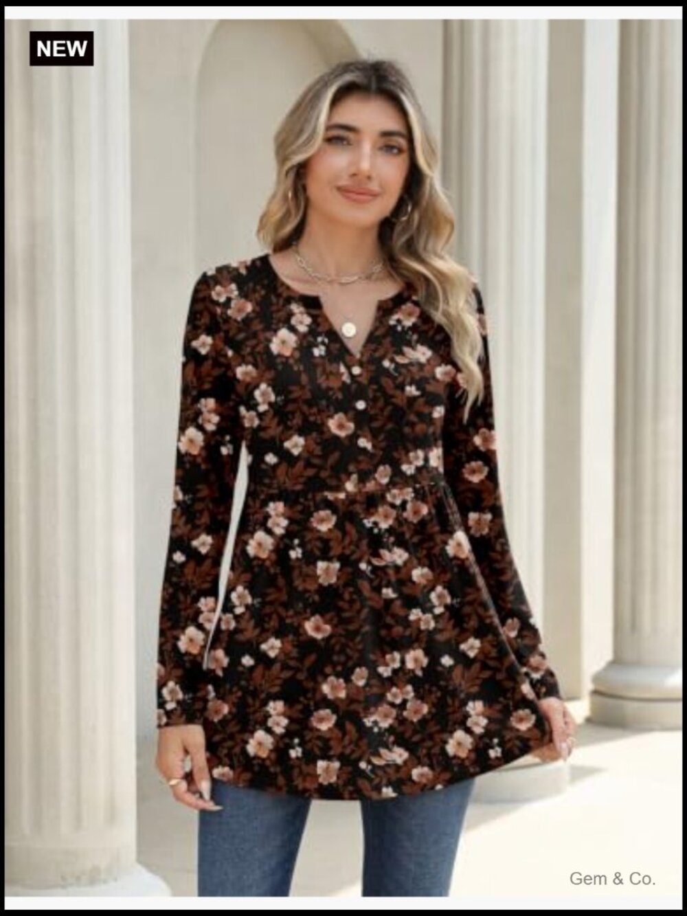 Long Sleeve Henley V Neck Blouse Business Casual Loose Fit Tunic Top - Picture 2 of 7